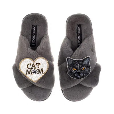 Laines London Women's Classic Laines Slippers With Cat Mum/mom & Black Scottish Fold Cat Brooches - Grey In Gray