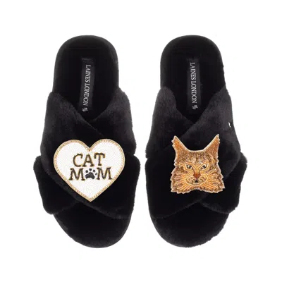 Laines London Women's Classic Laines Slippers With Cat Mum/mom & Ginger Norwegian Forest Cat Brooches - Black