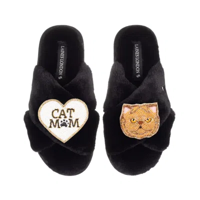 Laines London Women's Classic Laines Slippers With Cat Mum/mom & Ginger Persian Cat Brooches - Black