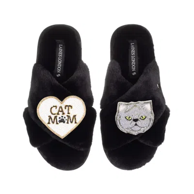 Laines London Women's Classic Laines Slippers With Cat Mum/mom & Grey Persian Cat Brooches - Black