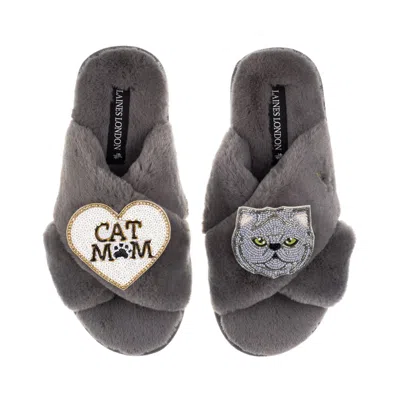 Laines London Women's Classic Laines Slippers With Cat Mum/mom & Grey Persian Cat Brooches - Grey In Gray