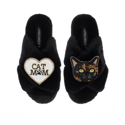 Laines London Women's Classic Laines Slippers With Cat Mum/mom & Misty Cat Brooches - Black