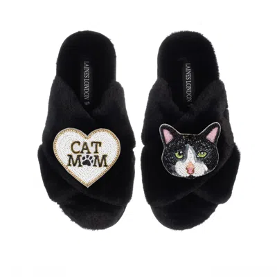 Laines London Women's Classic Laines Slippers With Cat Mum/mom & Oreo Cat Brooches - Black