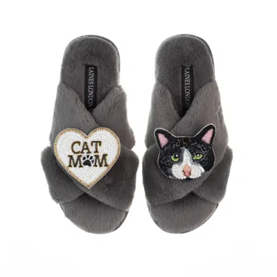 Laines London Women's Classic Laines Slippers With Cat Mum/mom & Oreo Cat Brooches - Grey