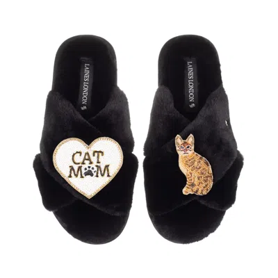 Laines London Women's Classic Laines Slippers With Cat Mum/mom & Sitting Ginger Cat Brooches - Black In Animal Print