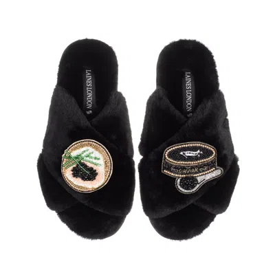 Laines London Women's Classic Laines Slippers With Caviar & Blini Brooches - Black