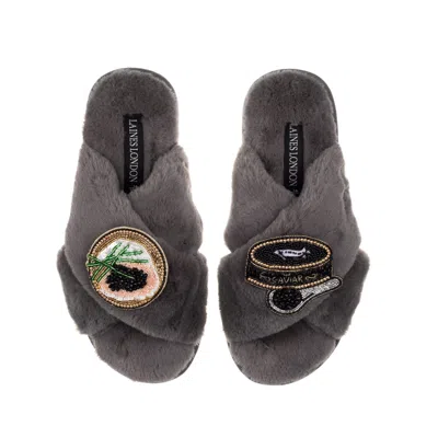 Laines London Women's Classic Laines Slippers With Caviar & Blini Brooches - Grey