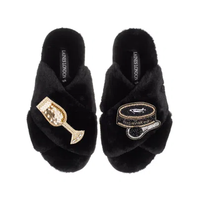 Laines London Women's Classic Laines Slippers With Caviar & Glass Of Champers Brooches - Black