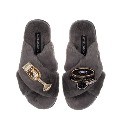 Laines London Women's Classic Laines Slippers With Caviar & Glass Of Champers Brooches - Grey