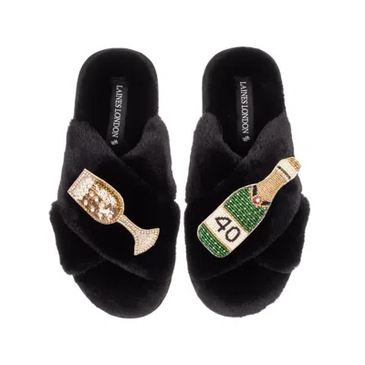 Laines London Women's Classic Laines Slippers With Champagne & Glass 40th Birthday Brooches - Black