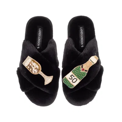 Laines London Women's Classic Laines Slippers With Champagne & Glass 50th Birthday Brooches - Black