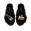 Laines London Women's Classic Laines Slippers With Cheese & Red Wine Brooches - Black In Black
