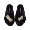 Laines London Women's Classic Laines Slippers With Chequered Fuck Off Brooches - Black In Black