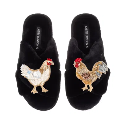 Laines London Women's Classic Laines Slippers With Chicken & Cockrel Brooches - Black