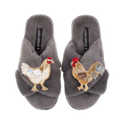 Laines London Women's Classic Laines Slippers With Chicken & Cockrel Brooches - Grey In Gray