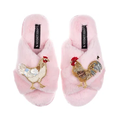 Laines London Women's Classic Laines Slippers With Chicken & Cockrel Brooches - Pink