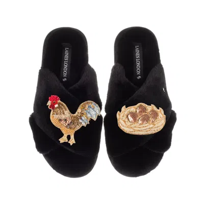 Laines London Women's Classic Laines Slippers With Chicken & Nest Of Eggs Brooches - Black