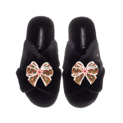 Laines London Women's Classic Laines Slippers With Christmas Gingerbread Bows Brooches - Black In Multi