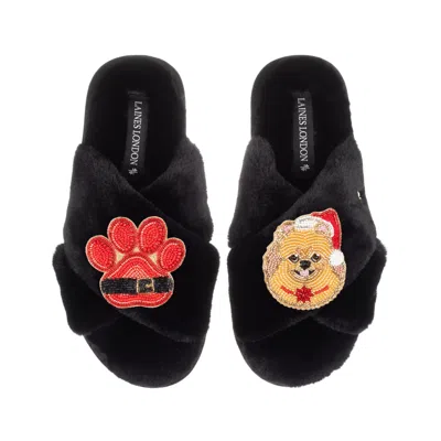Laines London Women's Classic Laines Slippers With Christmas Pomeranian & Paw Brooches - Black