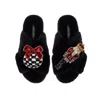 Laines London Women's Classic Laines Slippers With Christmas Red Nutcracker & Bauble Brooches - Black In Black