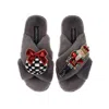 Laines London Women's Classic Laines Slippers With Christmas Red Nutcracker & Bauble Brooches - Grey In Grey