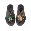 Laines London Women's Classic Laines Slippers With Christmas Tree & Gift Brooches - Grey In Grey