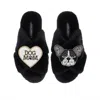 Laines London Women's Classic Laines Slippers With Coco The Frenchie & Dog Mum / Mom Brooches - Black In Black