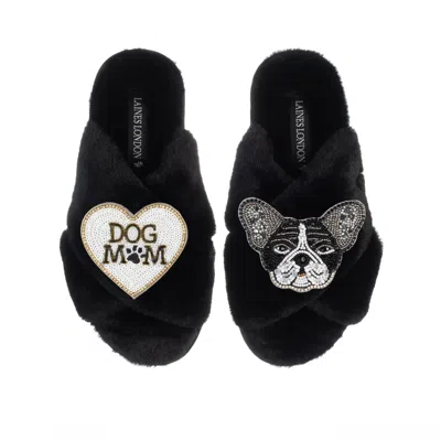 Laines London Women's Classic Laines Slippers With Coco The Frenchie & Dog Mum / Mom Brooches - Black