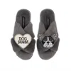 Laines London Women's Classic Laines Slippers With Coco The Frenchie & Dog Mum / Mom Brooches - Grey In Grey