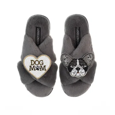 Laines London Women's Classic Laines Slippers With Coco The Frenchie & Dog Mum / Mom Brooches - Grey