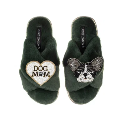 Laines London Women's Classic Laines Slippers With Coco The Frenchie & Dog Mum / Mom Brooches - Limited Edition Gr In Green