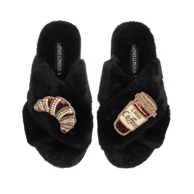 Laines London Women's Classic Laines Slippers With Coffee Cup & Croissant Brooches - Black