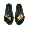 Laines London Women's Classic Laines Slippers With Coffee Cup & Croissant Brooches - Limited Edition Green In Green