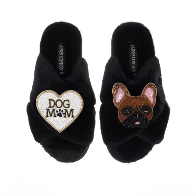 Laines London Women's Classic Laines Slippers With Cookie The Frenchie & Dog Mum / Mom Brooches - Black