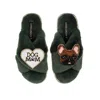 Laines London Women's Classic Laines Slippers With Cookie The Frenchie & Dog Mum / Mom Brooches - Limited Edition In Green