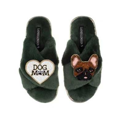 Laines London Women's Classic Laines Slippers With Cookie The Frenchie & Dog Mum / Mom Brooches - Limited Edition In Green