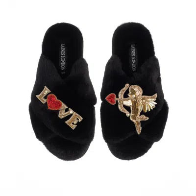 Laines London Women's Classic Laines Slippers With Cupids Bow & Love Brooches - Black