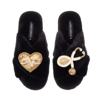 Laines London Women's Classic Laines Slippers With Doctor Brooches - Black