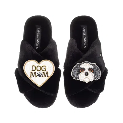 Laines London Women's Classic Laines Slippers With Dog Mum / Mom & Black & White Shih Tzu Brooches - Black