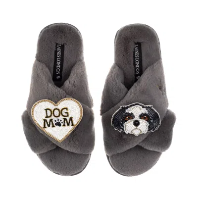 Laines London Women's Classic Laines Slippers With Dog Mum / Mom & Black & White Shih Tzu Brooches - Grey In Gray