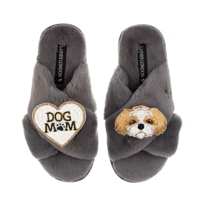 Laines London Women's Classic Laines Slippers With Dog Mum / Mom & Gold & White Shih Tzu Brooches - Grey In Gray