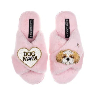Laines London Women's Classic Laines Slippers With Dog Mum / Mom & Gold & White Shih Tzu Brooches - Pink