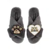 Laines London Women's Classic Laines Slippers With Dog Mum / Mom & Paw Brooches - Grey In Grey