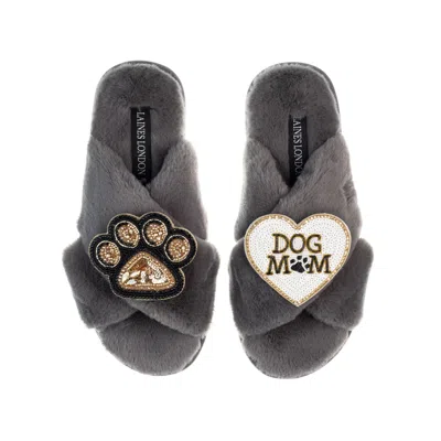 Laines London Women's Classic Laines Slippers With Dog Mum / Mom & Paw Brooches - Grey