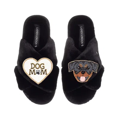 Laines London Women's Classic Laines Slippers With Dog Mum / Mom & Rottweiler Brooches - Black