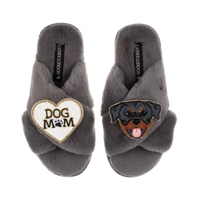Laines London Women's Classic Laines Slippers With Dog Mum / Mom & Rottweiler Brooches - Grey In Gray