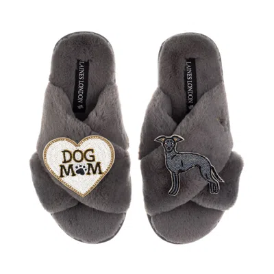 Laines London Women's Classic Laines Slippers With Dog Mum/mom & Blue Italian Greyhound Brooches - Grey In Multi