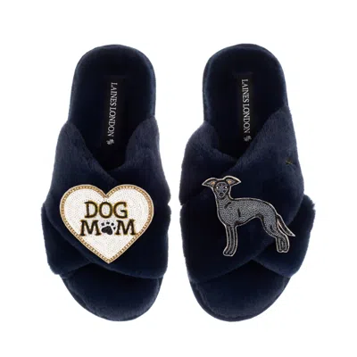 Laines London Women's Classic Laines Slippers With Dog Mum/mom & Blue Italian Greyhound Brooches - Navy In Multi