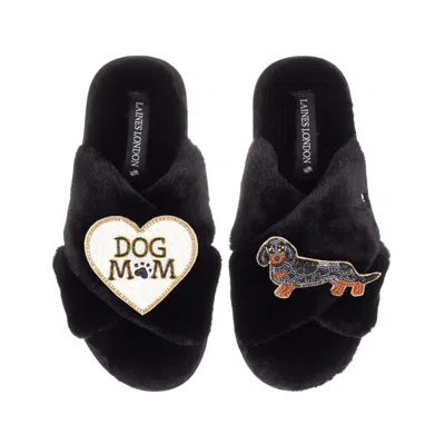 Laines London Women's Classic Laines Slippers With Dog Mum/mom & Dapple Dachshund Brooches - Black