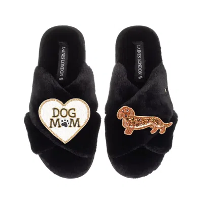 Laines London Women's Classic Laines Slippers With Dog Mum/mom & Red Dachshund Brooches - Black